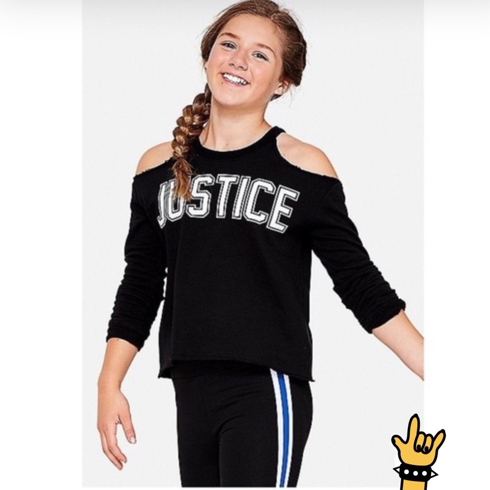 Justice Girls Graphic Logo Black Cold Shoulder Sweatshirt Top Size 14/16